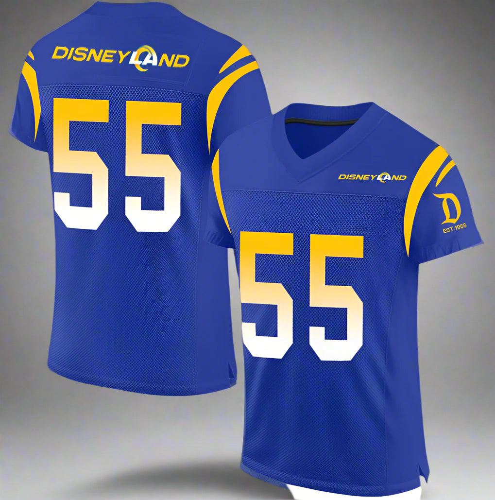 Blue sports jersey with yellow and white details, featuring the Disneyland logo.