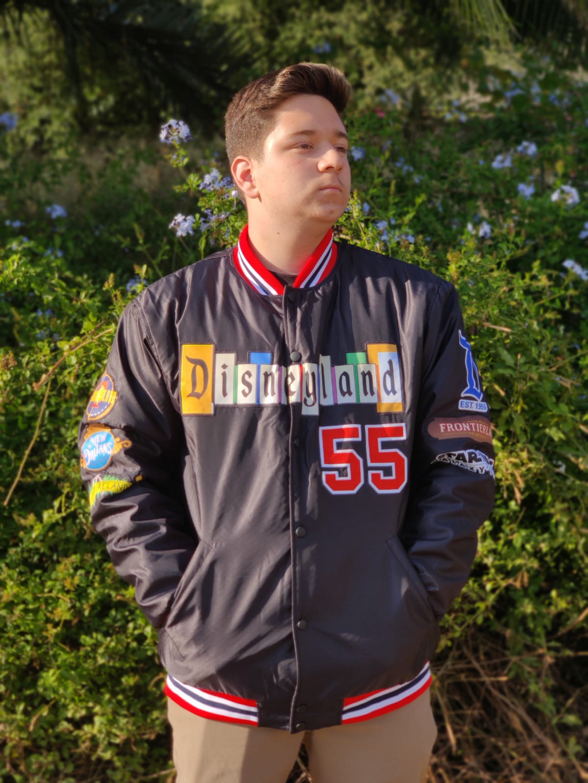 a Disneyland Sign Jacket w/stitched patches.