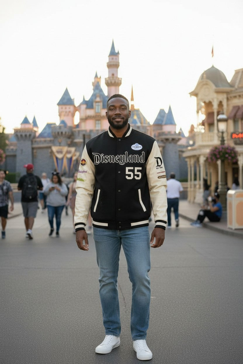 Disneyland Vintage Letterman Jacket w/stitched patches on TAN SLEEVES