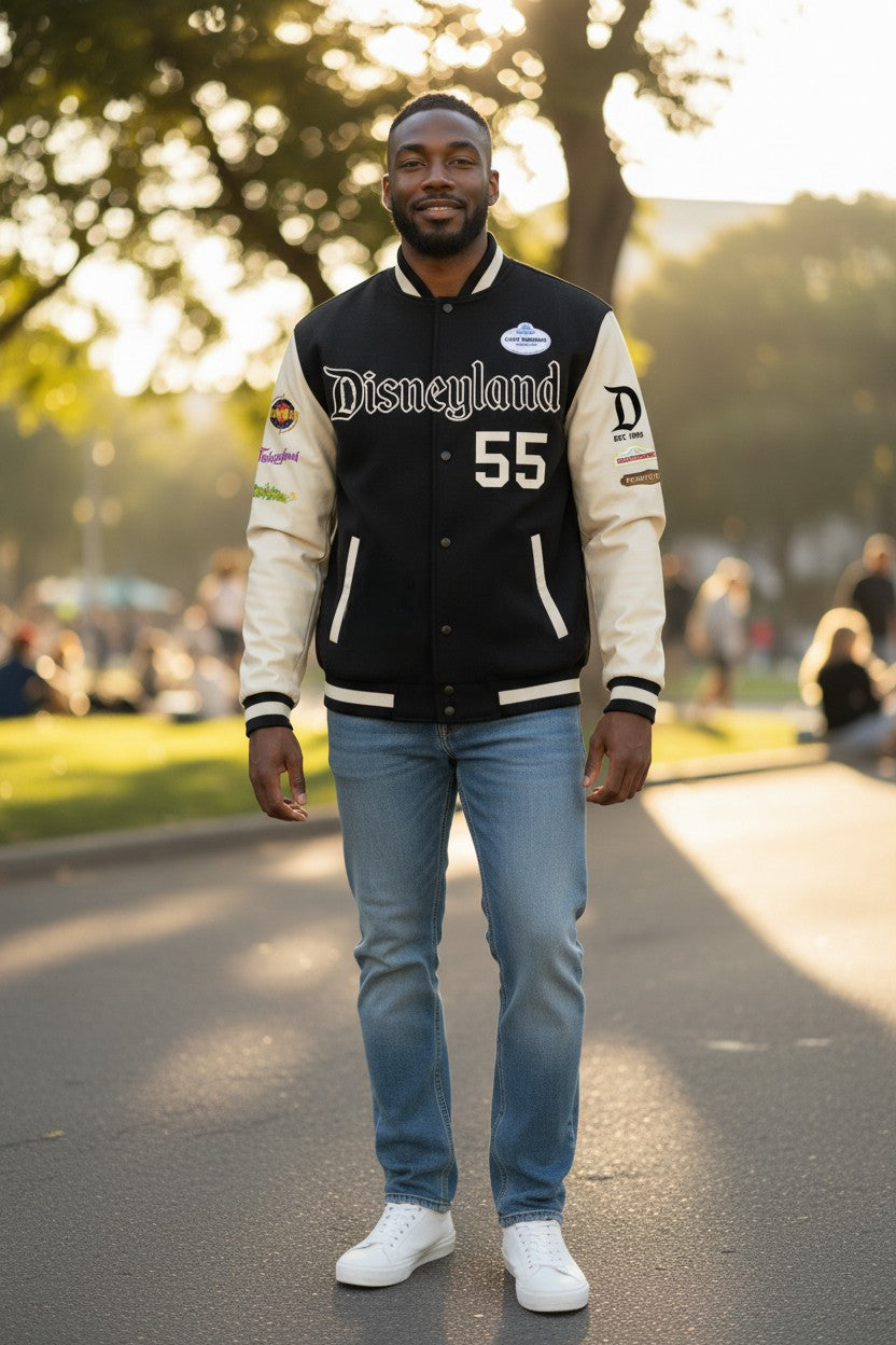 Disneyland Vintage Letterman Jacket w/stitched patches on TAN SLEEVES