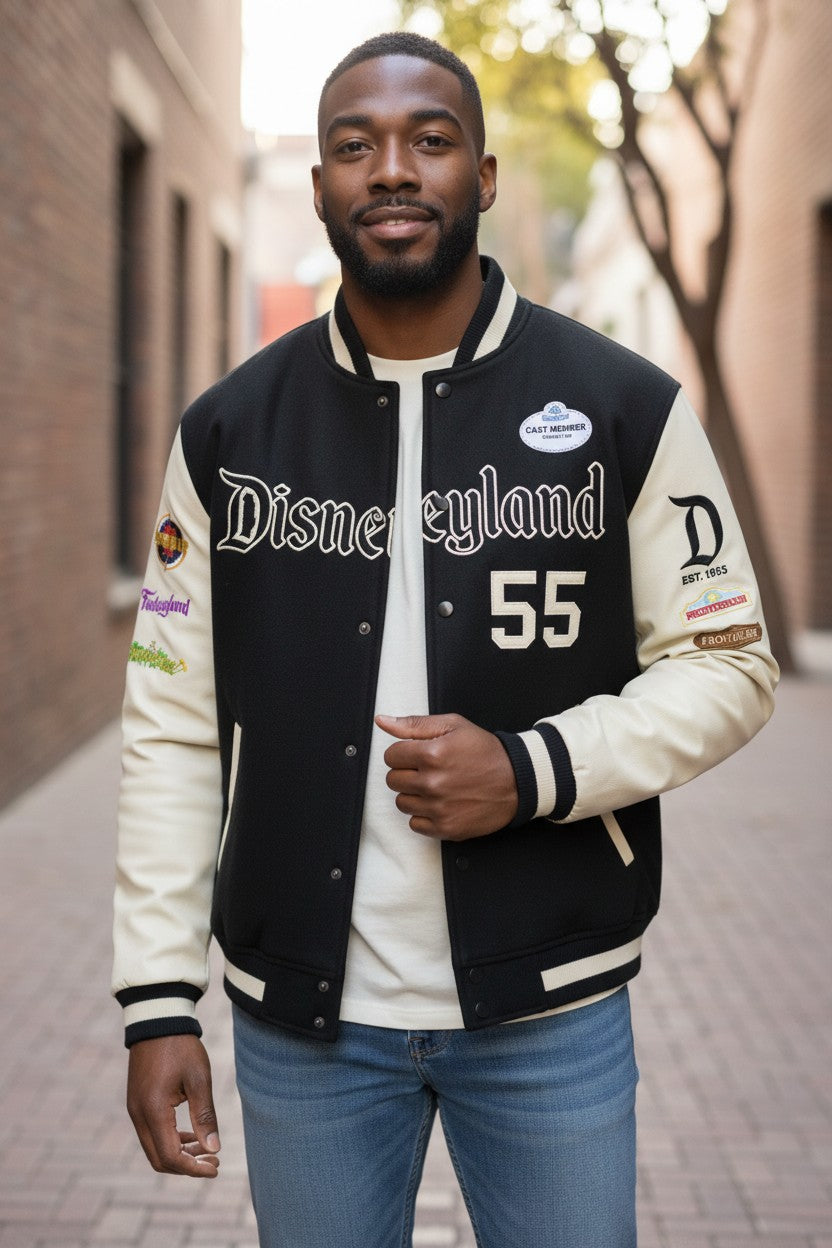 Disneyland Vintage Letterman Jacket w/stitched patches on TAN SLEEVES