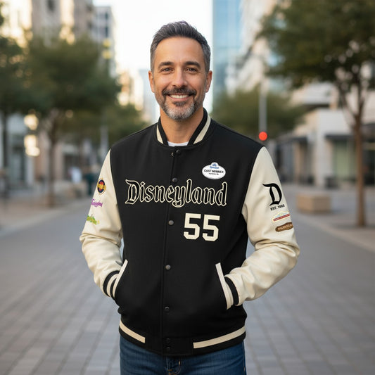 Disneyland Vintage Letterman Jacket w/stitched patches on TAN SLEEVES